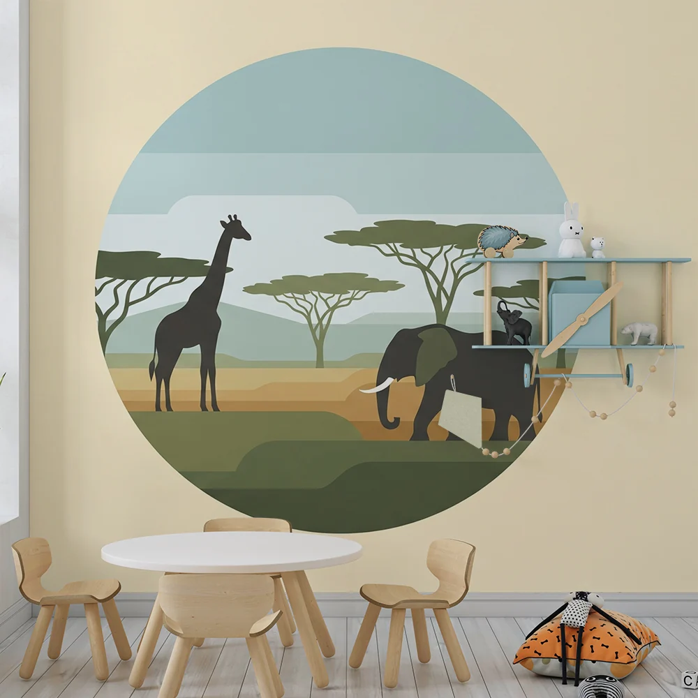 Giraff és elefánt gyerek szoba tapéta | Stilizált afrikai tájban
