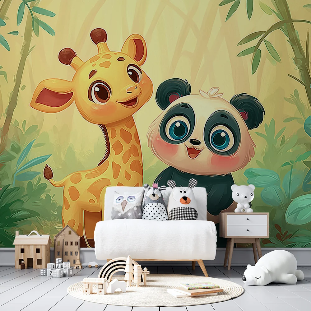 Giraff és panda egy varázslatos dzsungelben gyermekszoba tapéta