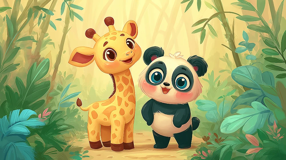 Giraff és panda egy varázslatos dzsungelben gyermekszoba tapéta