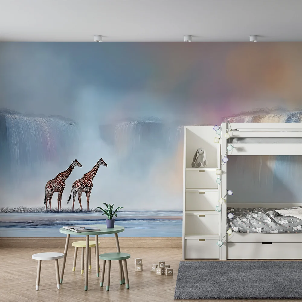 Giraffok királyi előtt színes vízesések előtt gyermekszoba tapéta