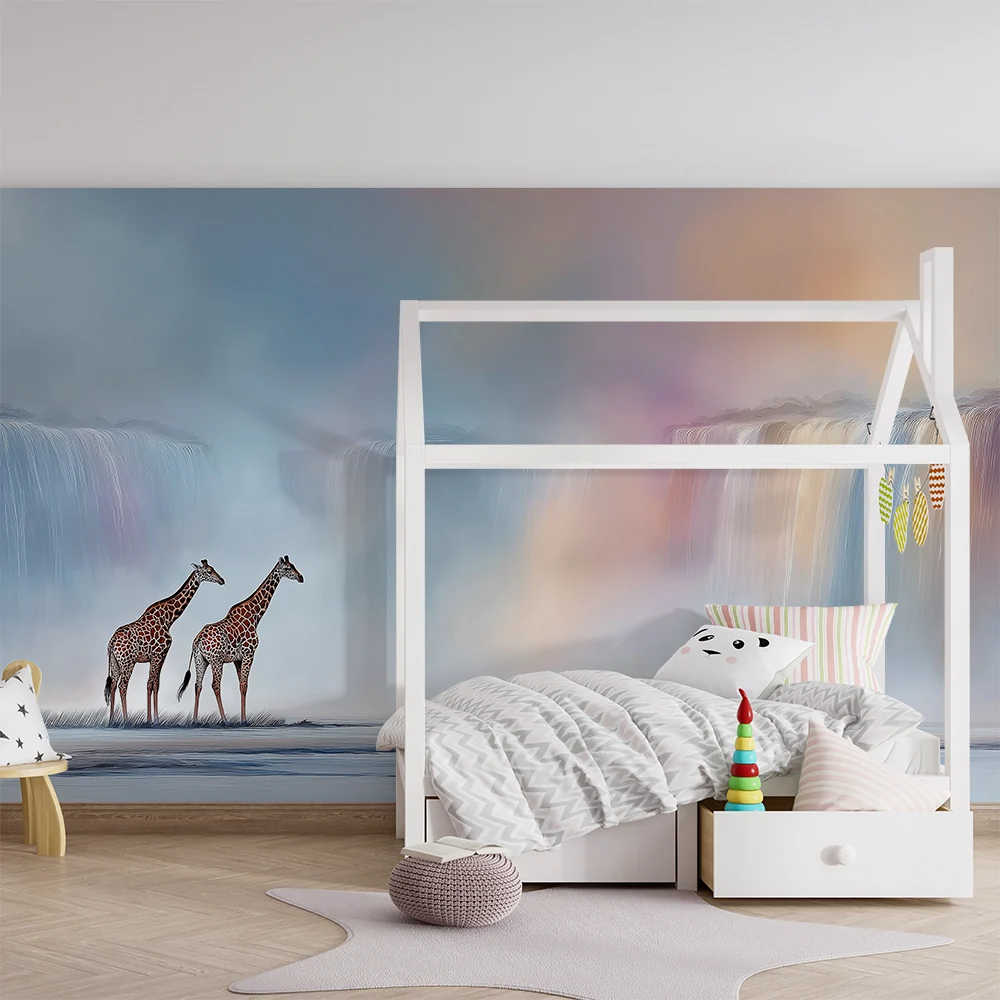 Giraffok királyi előtt színes vízesések előtt gyermekszoba tapéta