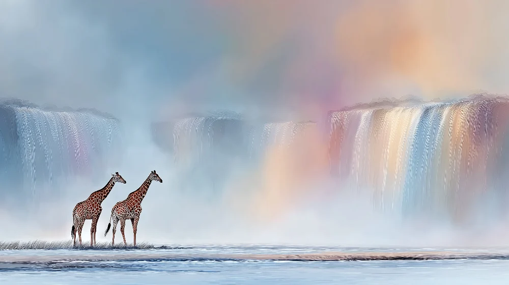 Giraffok királyi előtt színes vízesések előtt gyermekszoba tapéta