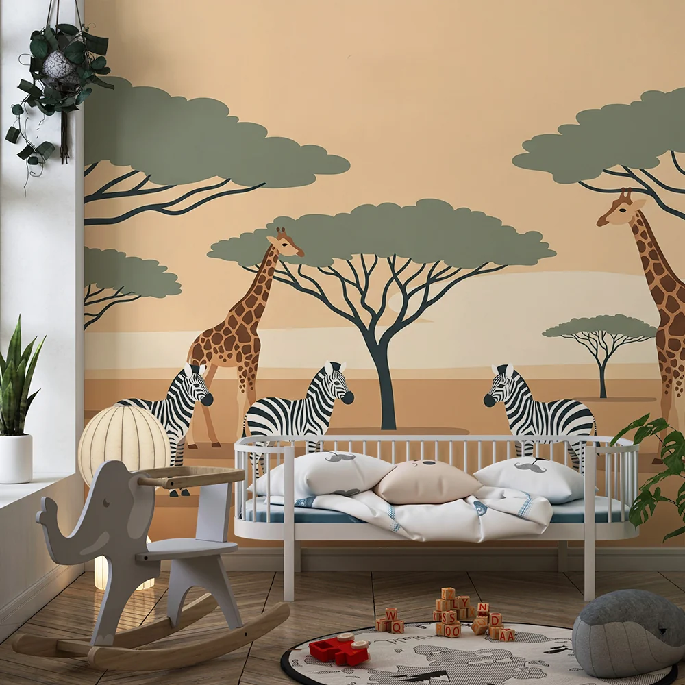 Giraffok és zebrák napos szavannában gyermekszoba tapéta