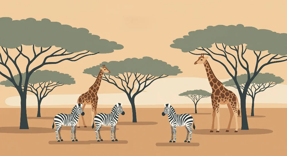 Giraffok és zebrák napos szavannában gyermekszoba tapéta