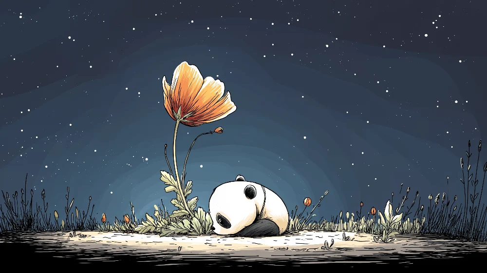 Gyerek szoba tapéta | Alvó panda csillagok alatt ragyogó virággal