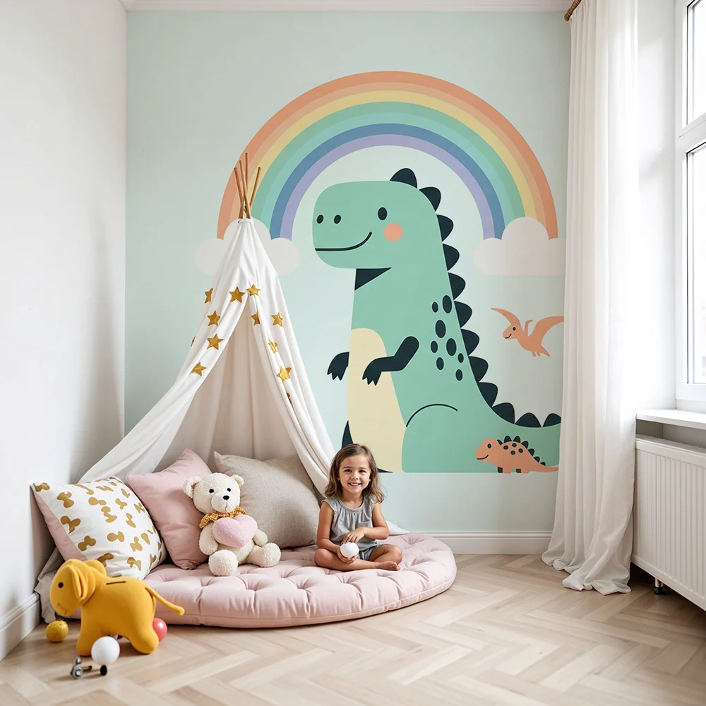Gyerek szoba tapéta | Boldog dinoszauruszok színes szivárvány alatt