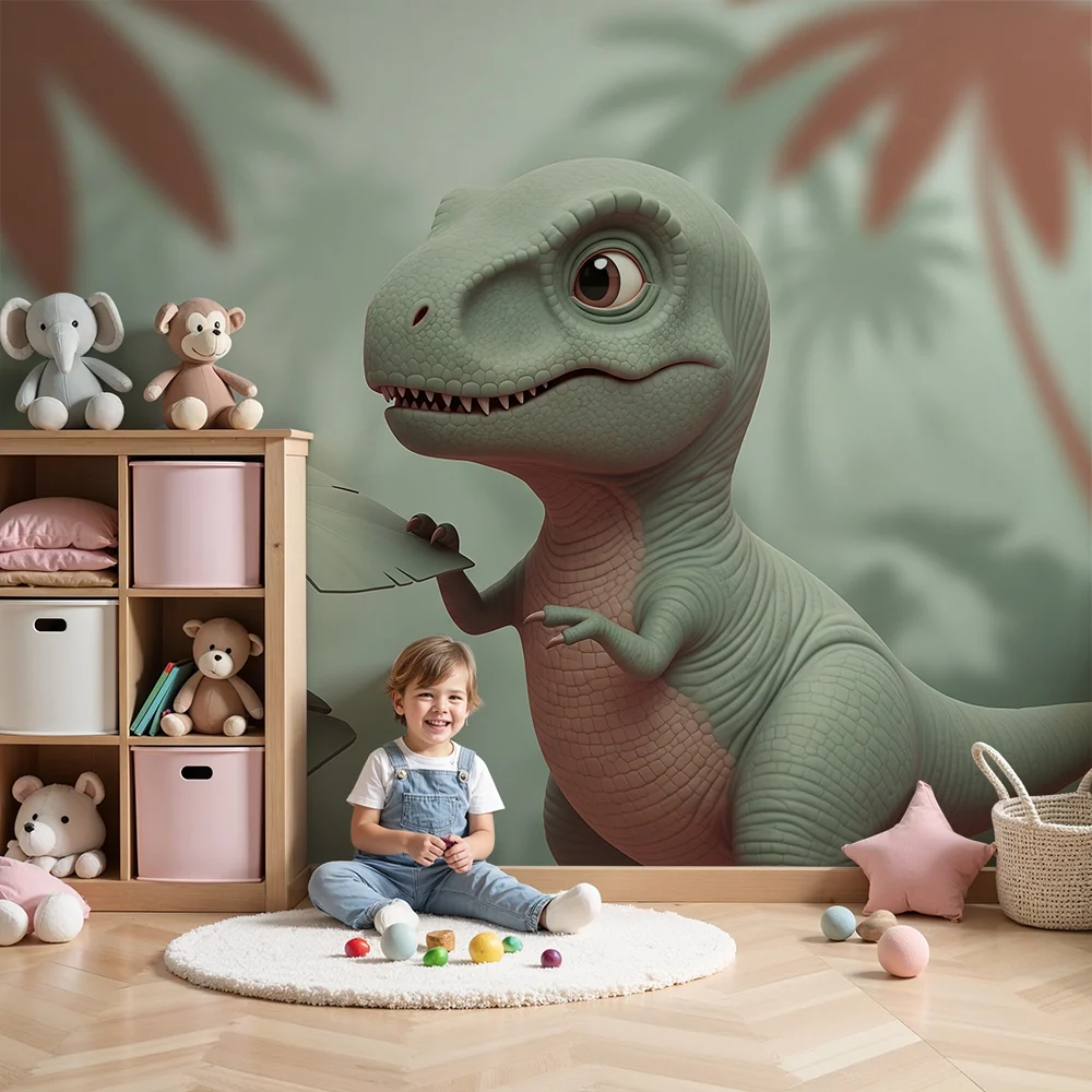 Gyerek szoba tapéta | Kíváncsi kis dinoszaurusz trópusi dzsungelben
