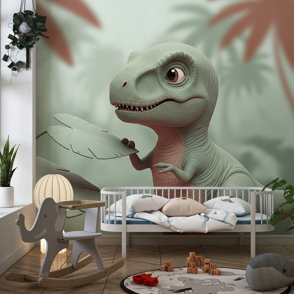 Gyerek szoba tapéta | Kíváncsi kis dinoszaurusz trópusi dzsungelben