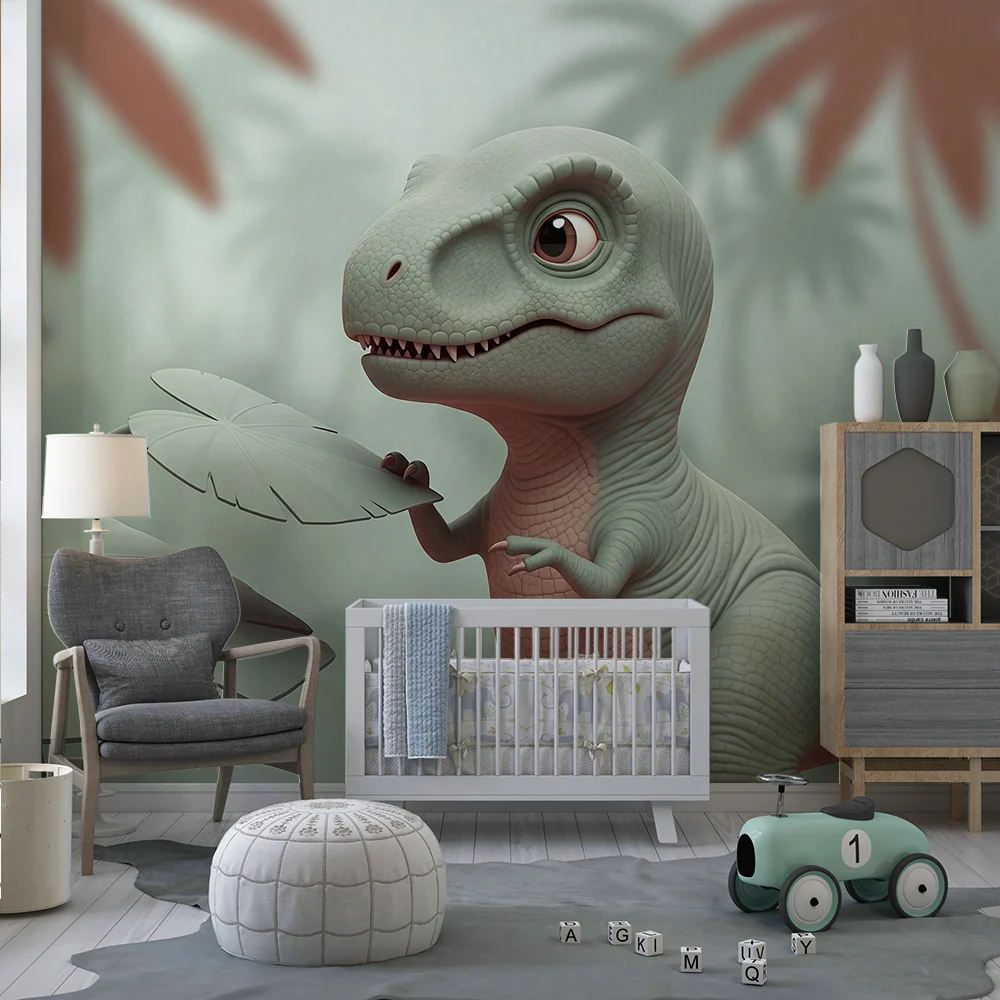 Gyerek szoba tapéta | Kíváncsi kis dinoszaurusz trópusi dzsungelben