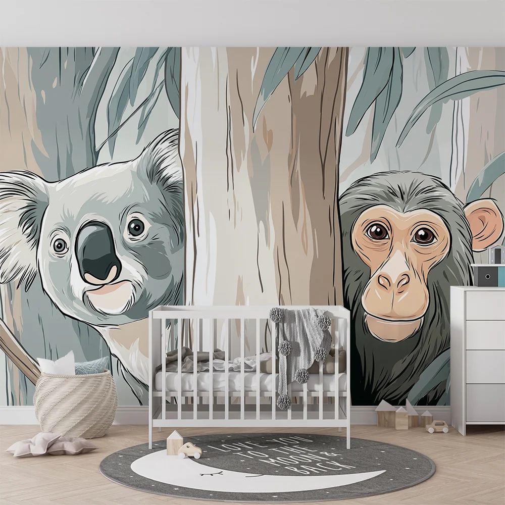 Gyerek szoba tapéta | Kíváncsi koala és csimpánz az erdőben