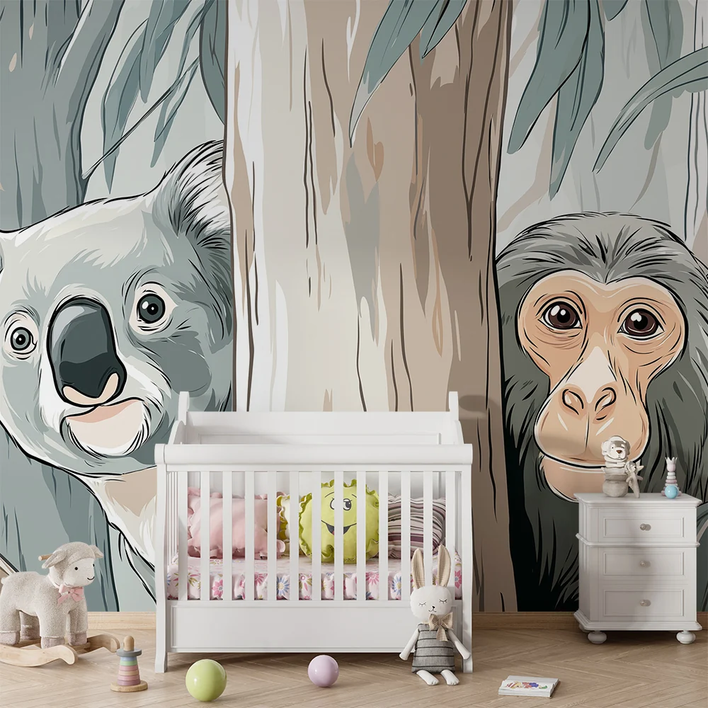 Gyerek szoba tapéta | Kíváncsi koala és csimpánz az erdőben