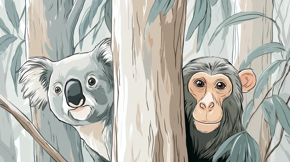 Gyerek szoba tapéta | Kíváncsi koala és csimpánz az erdőben