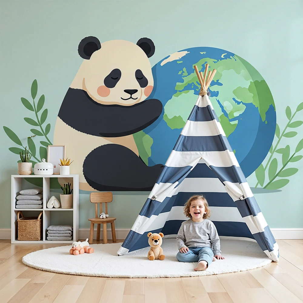 Gyerek szoba tapéta | Ölelő panda Földet puha levelekkel