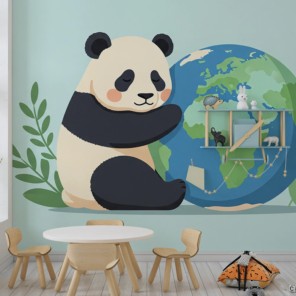 Gyerek szoba tapéta | Ölelő panda Földet puha levelekkel