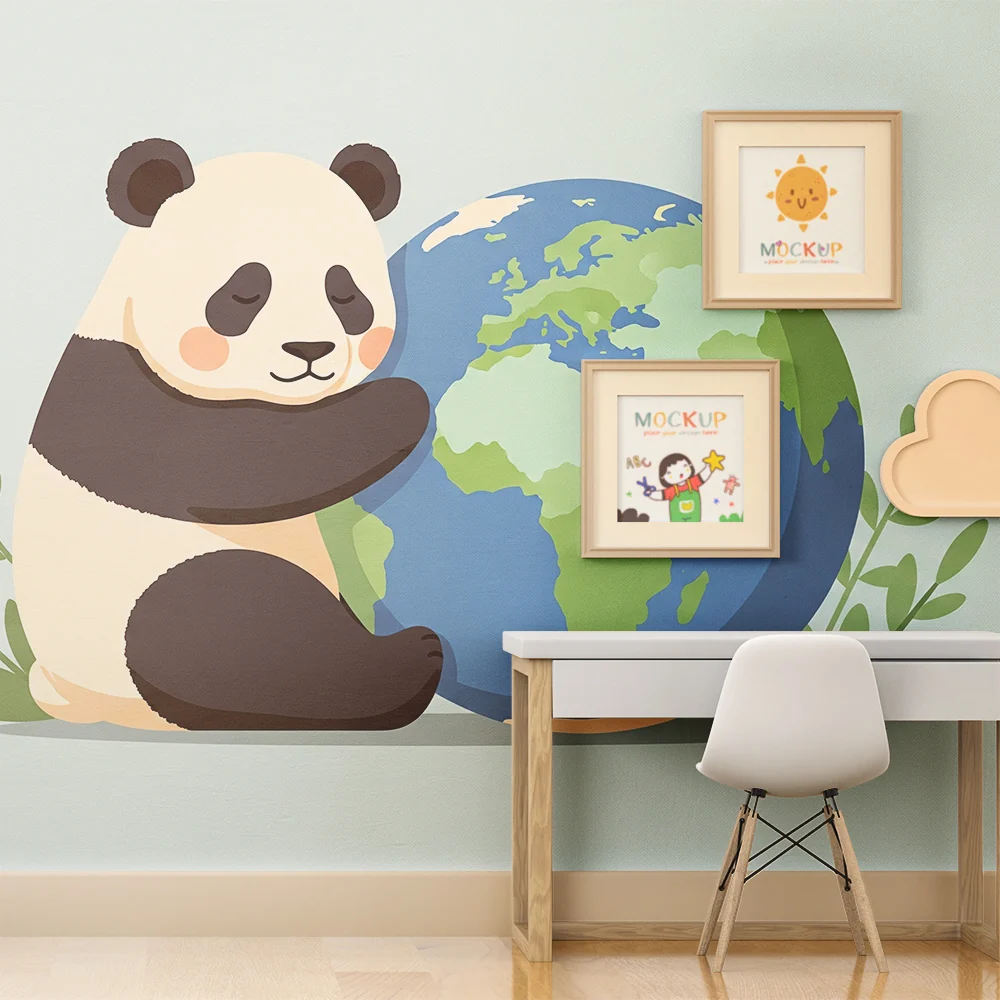 Gyerek szoba tapéta | Ölelő panda Földet puha levelekkel