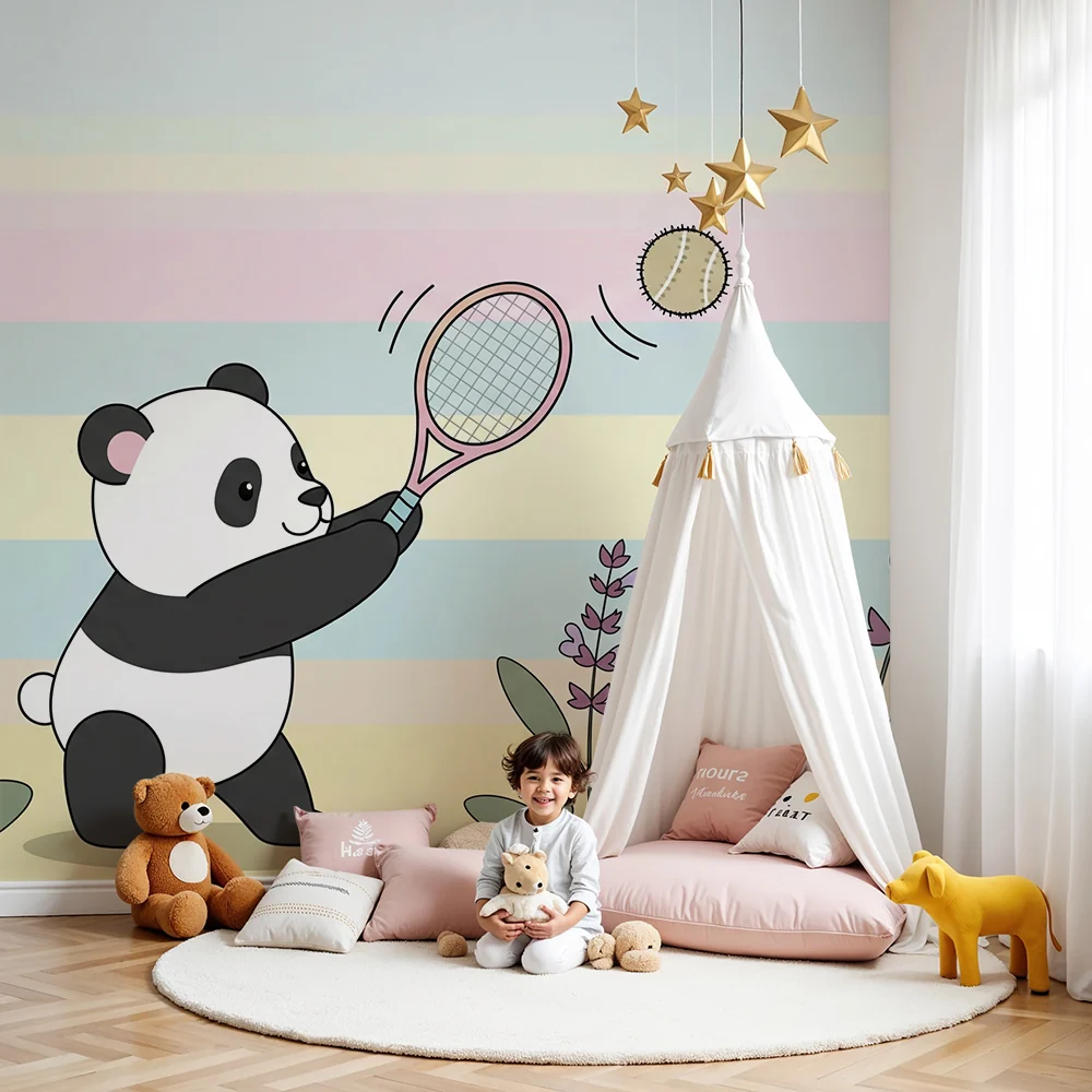 Gyerek szoba tapéta | Teniszező panda színes környezetben
