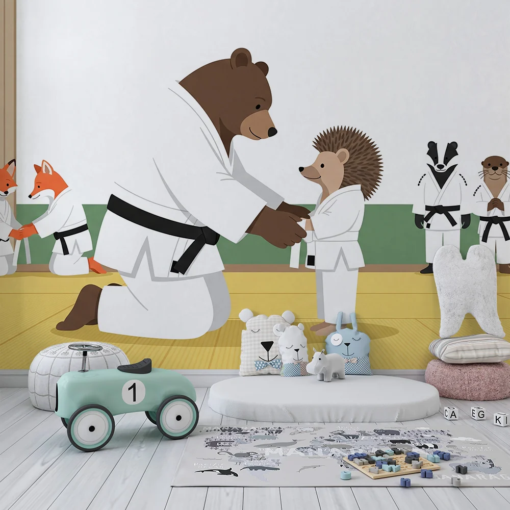 Gyerekek szobájának tapétája | Karate állatok egy színes dojoban