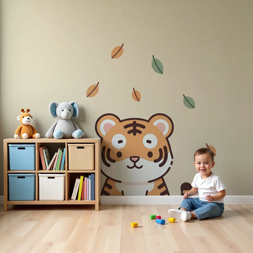 Gyerekszoba tapéta | Aranyos tigris színes levelek alatt