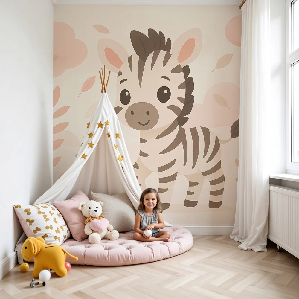 Gyerekszoba tapéta | Aranyos zebra pasztell tájban