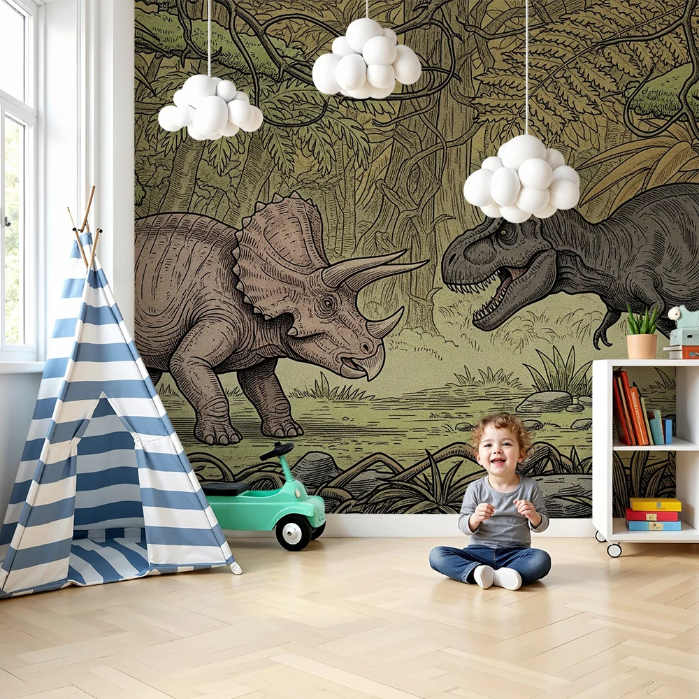 Gyerekszoba tapéta | Dinoszaurusz az őskori dzsungelben Triceratops és Tyrannosaurus-al