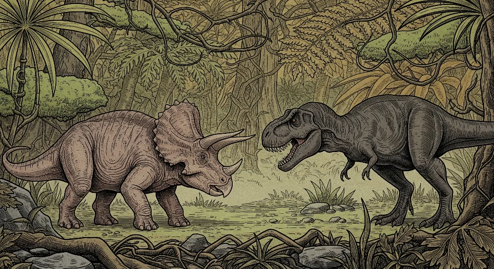 Gyerekszoba tapéta | Dinoszaurusz az őskori dzsungelben Triceratops és Tyrannosaurus-al