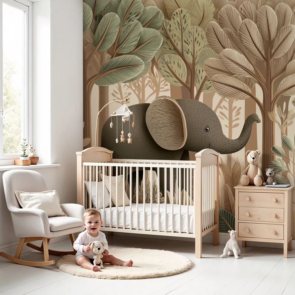 Gyerekszoba tapéta | Elefánt egy természetes árnyalatú stilizált erdőben