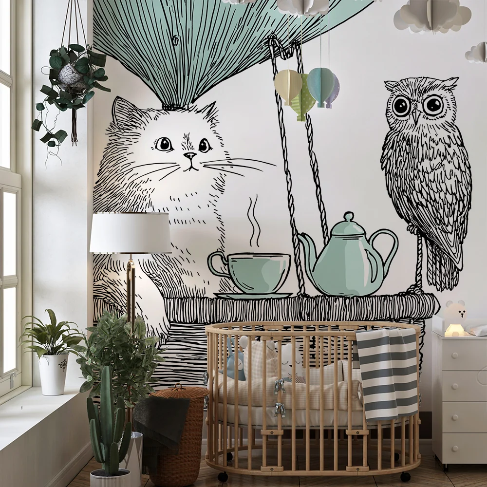 Gyerekszoba tapéta | Hőlégballon kaland macskával és bagollyal
