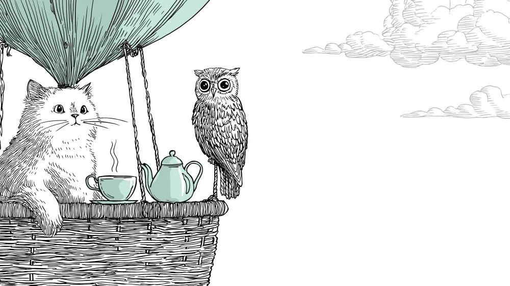 Gyerekszoba tapéta | Hőlégballon kaland macskával és bagollyal
