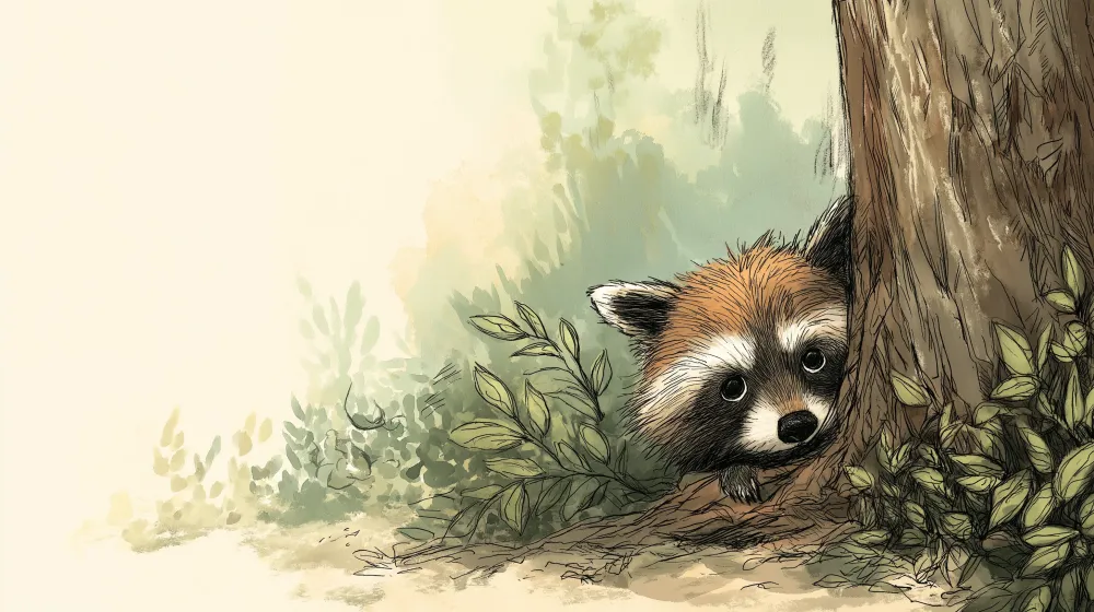 Gyerekszoba tapéta | Kis kíváncsi vörös panda rejtőzik egy fa mögött