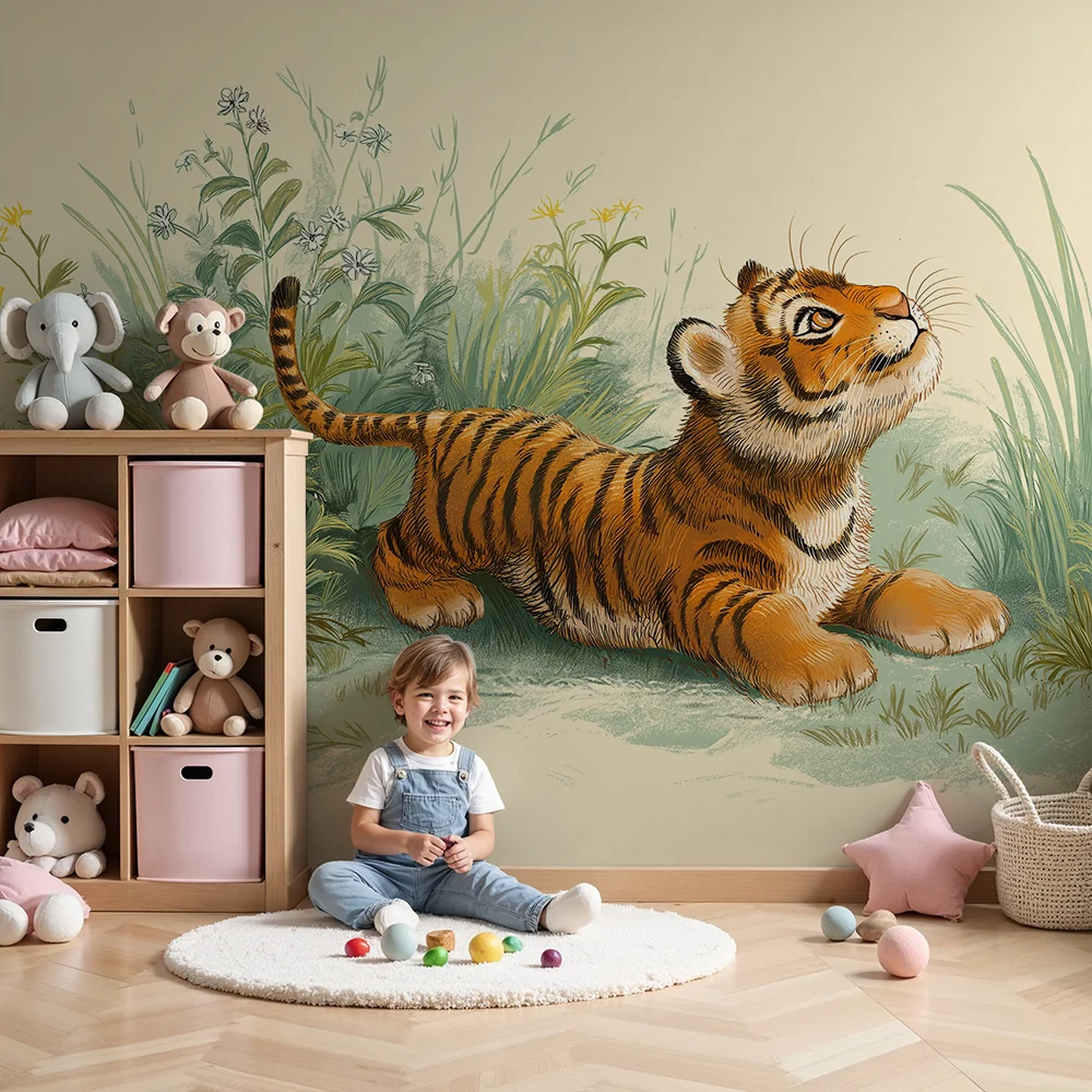 Gyerekszoba tapéta | Kíváncsi fiatal tigris zöldben
