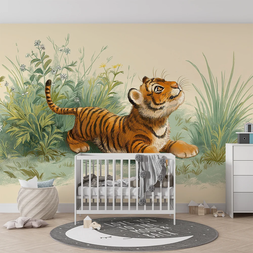 Gyerekszoba tapéta | Kíváncsi fiatal tigris zöldben