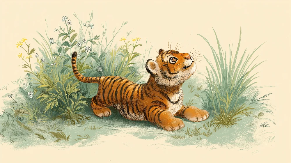 Gyerekszoba tapéta | Kíváncsi fiatal tigris zöldben