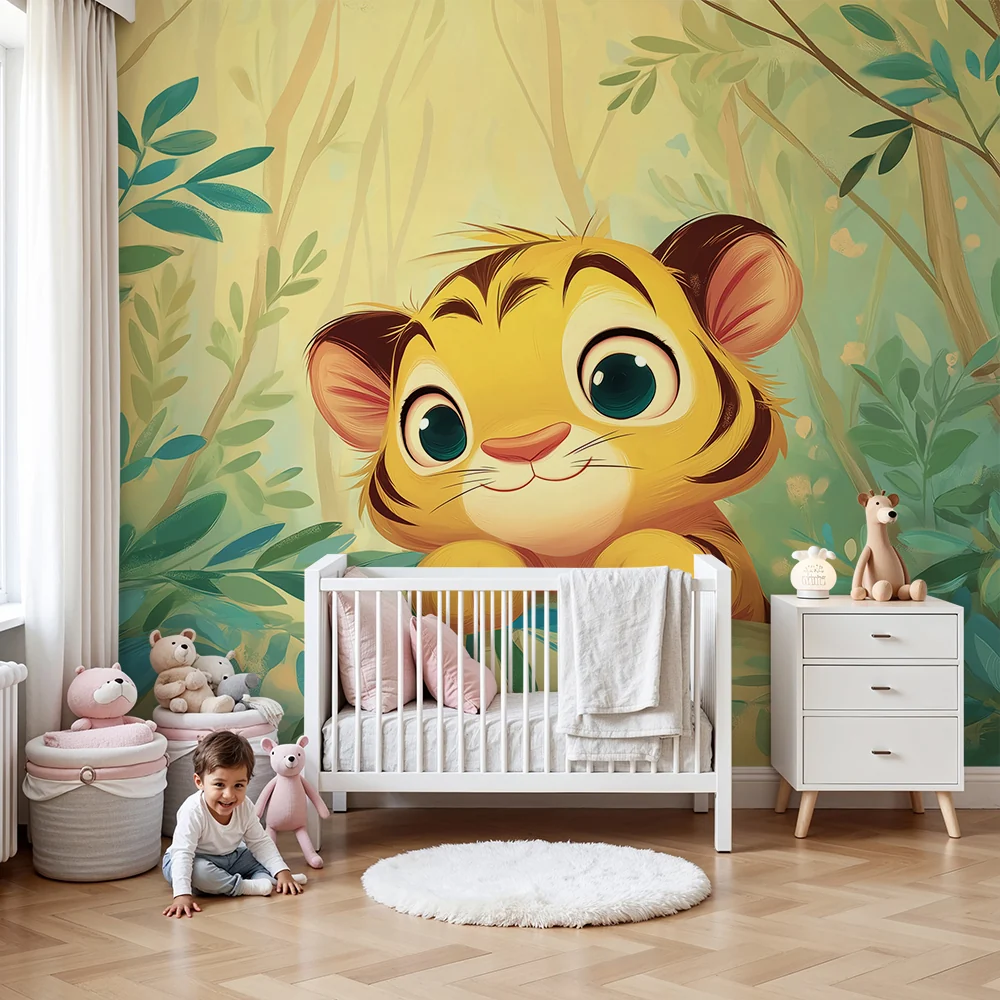 Gyerekszoba tapéta | Kíváncsi kis tigris zöld dzsungelben