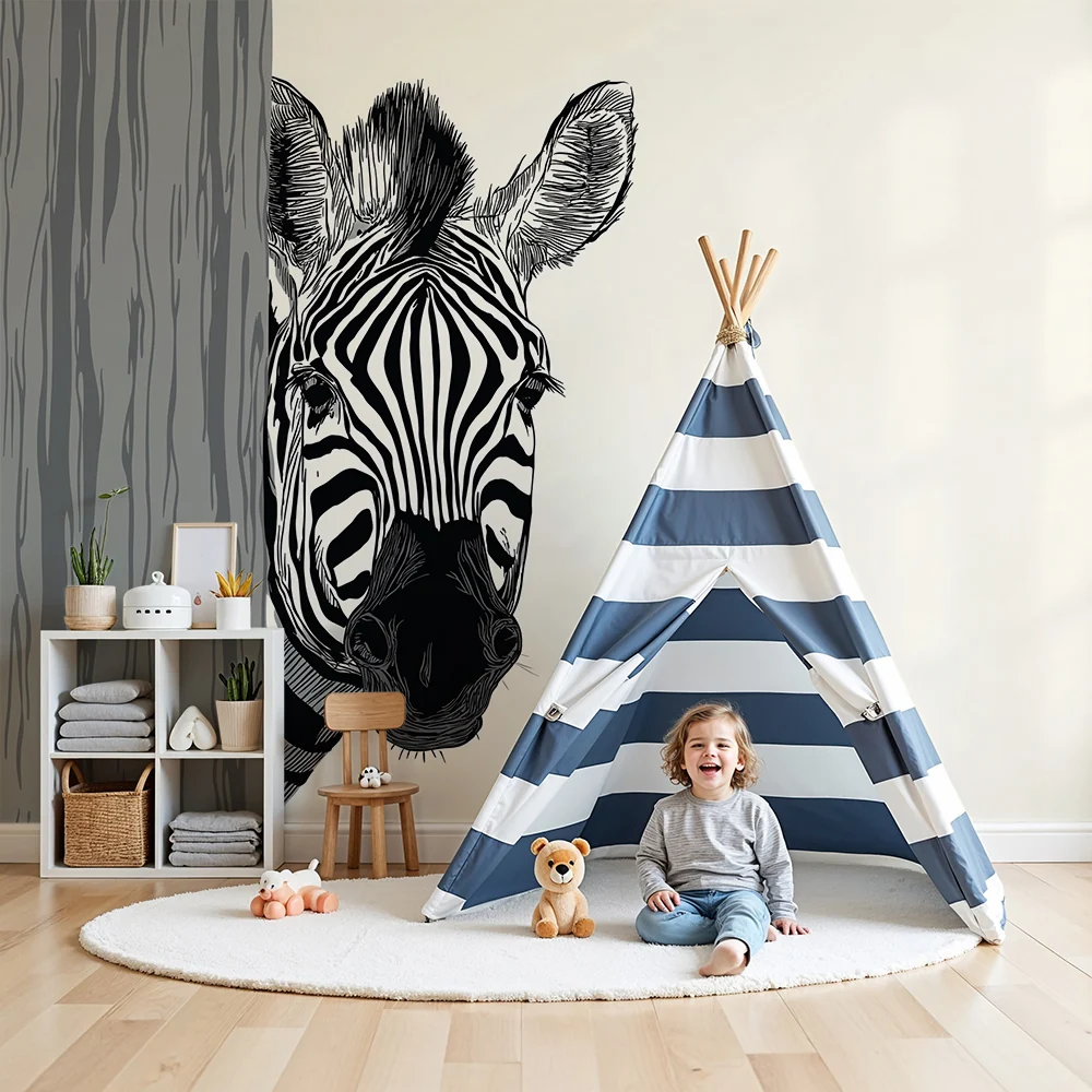Gyerekszoba tapéta | Kíváncsi zebra egy fa mögött