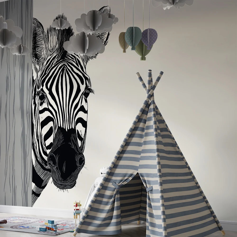 Gyerekszoba tapéta | Kíváncsi zebra egy fa mögött