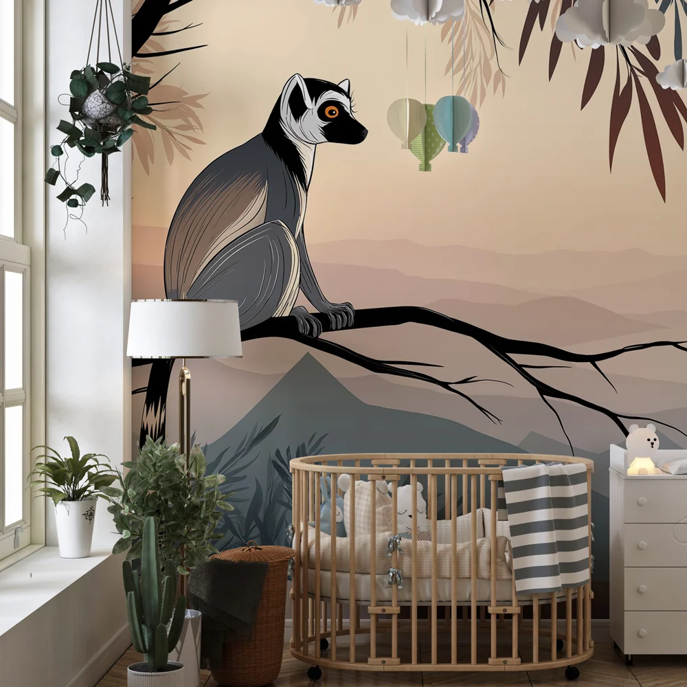 Gyerekszoba tapéta | Lemur egy ágon napkeltekor