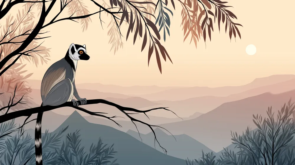 Gyerekszoba tapéta | Lemur egy ágon napkeltekor