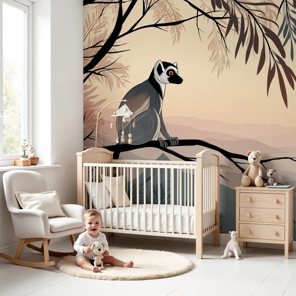 Gyerekszoba tapéta | Lemur egy ágon napkeltekor