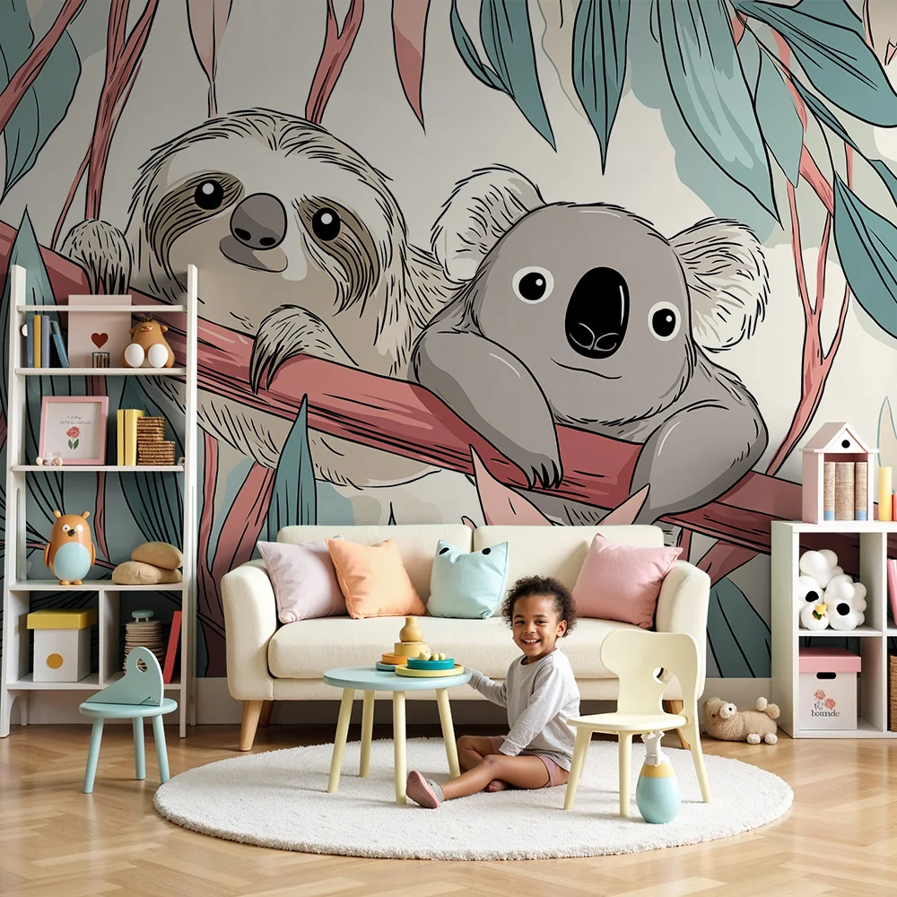 Gyerekszoba tapéta | Lusta és koala ágak között levelek között