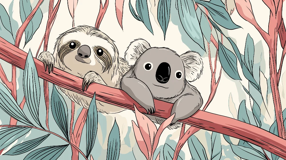 Gyerekszoba tapéta | Lusta és koala ágak között levelek között