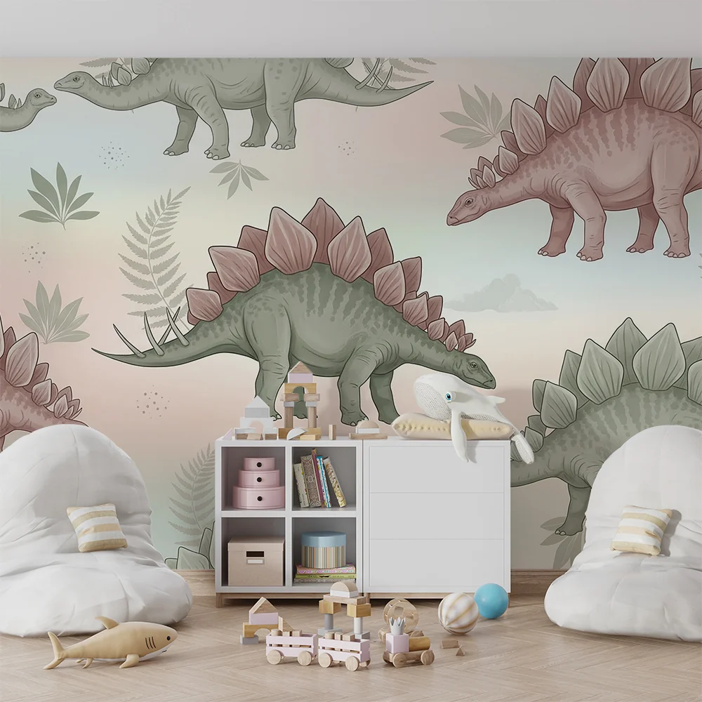 Gyerekszoba tapéta | Stegosaurus dinoszauruszok pasztell háttérrel