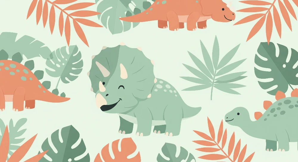 Gyerekszoba tapéta | Vidám dinoszauruszok színes levelek között