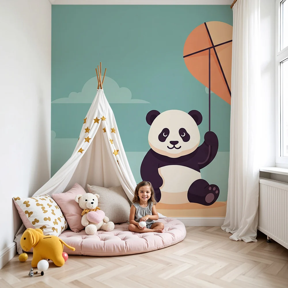 Gyerekszoba tapéta | Vidám panda és sárkány égen