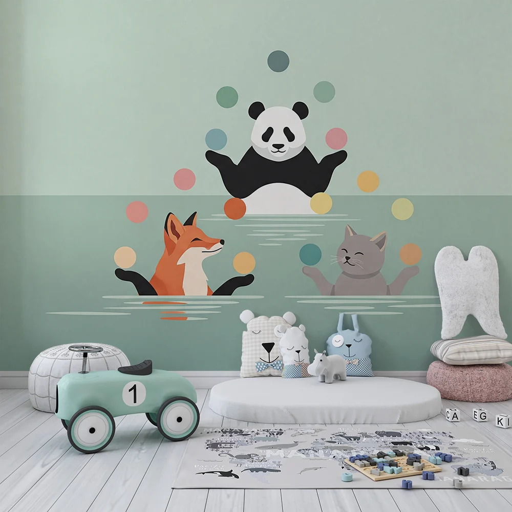 Gyerekszoba tapéta | Vidám vízi állatok egy zsonglőr panda társaságában