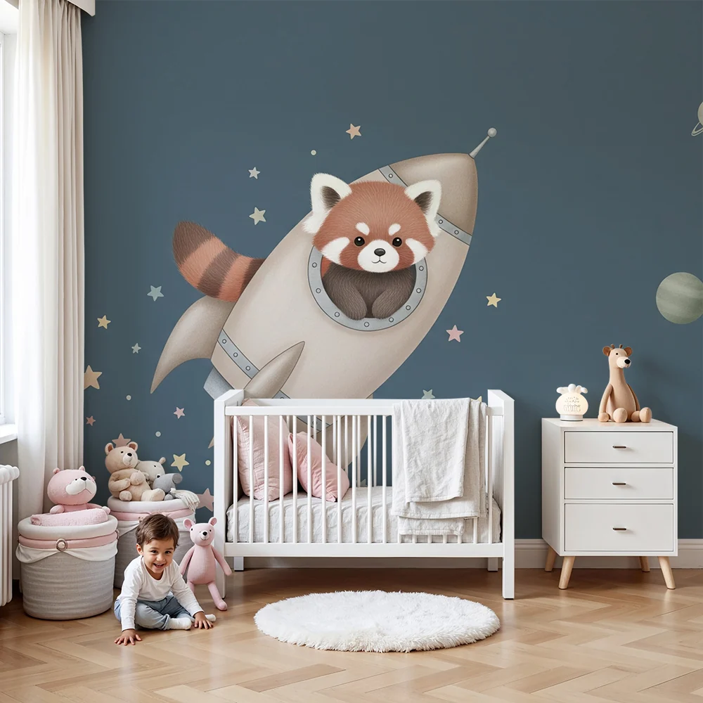 Gyerekszoba tapéta | Vörös panda és űrutazás