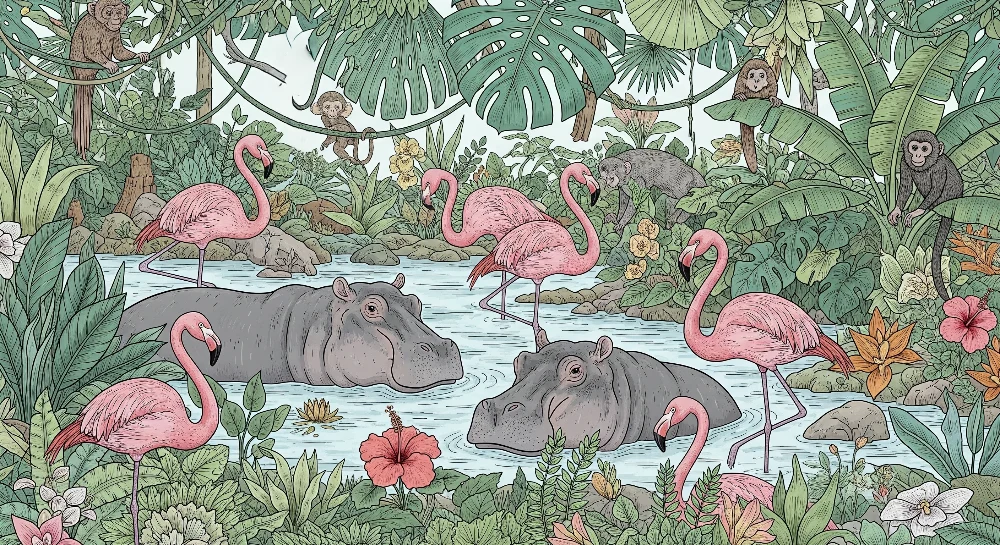 Gyerekszoba tapéta | Vízilovak és rózsaszín flamingók egy buja dzsungelben