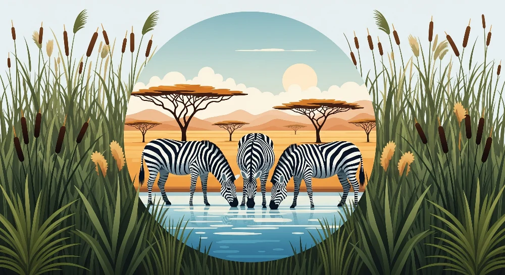 Gyerekszoba tapéta | Zebrák vízparton egy afrikai tájban