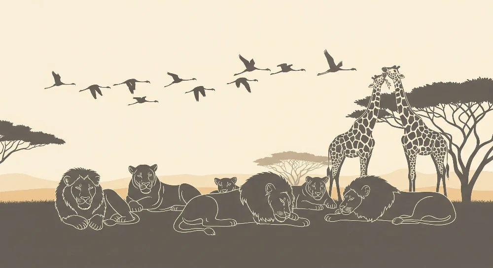 Gyermekszoba tapéta | Afrikai szafari oroszlánokkal és zsiráfokkal