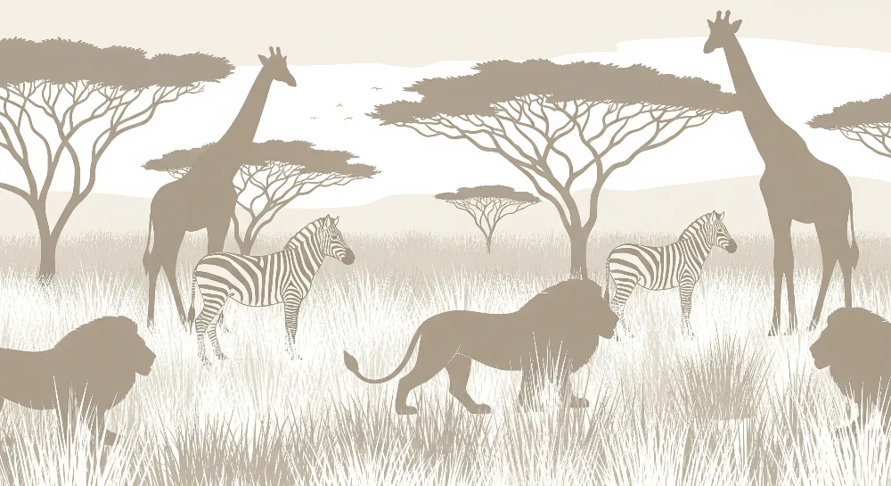 Gyermekszoba tapéta | Afrikai szafari oroszlánokkal és zsiráfokkal