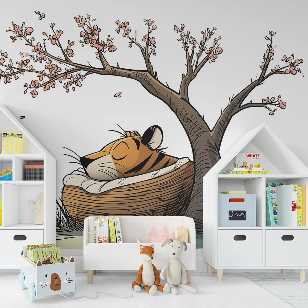 Gyermekszoba tapéta | Alszó tigris virágzó cseresznyefa alatt